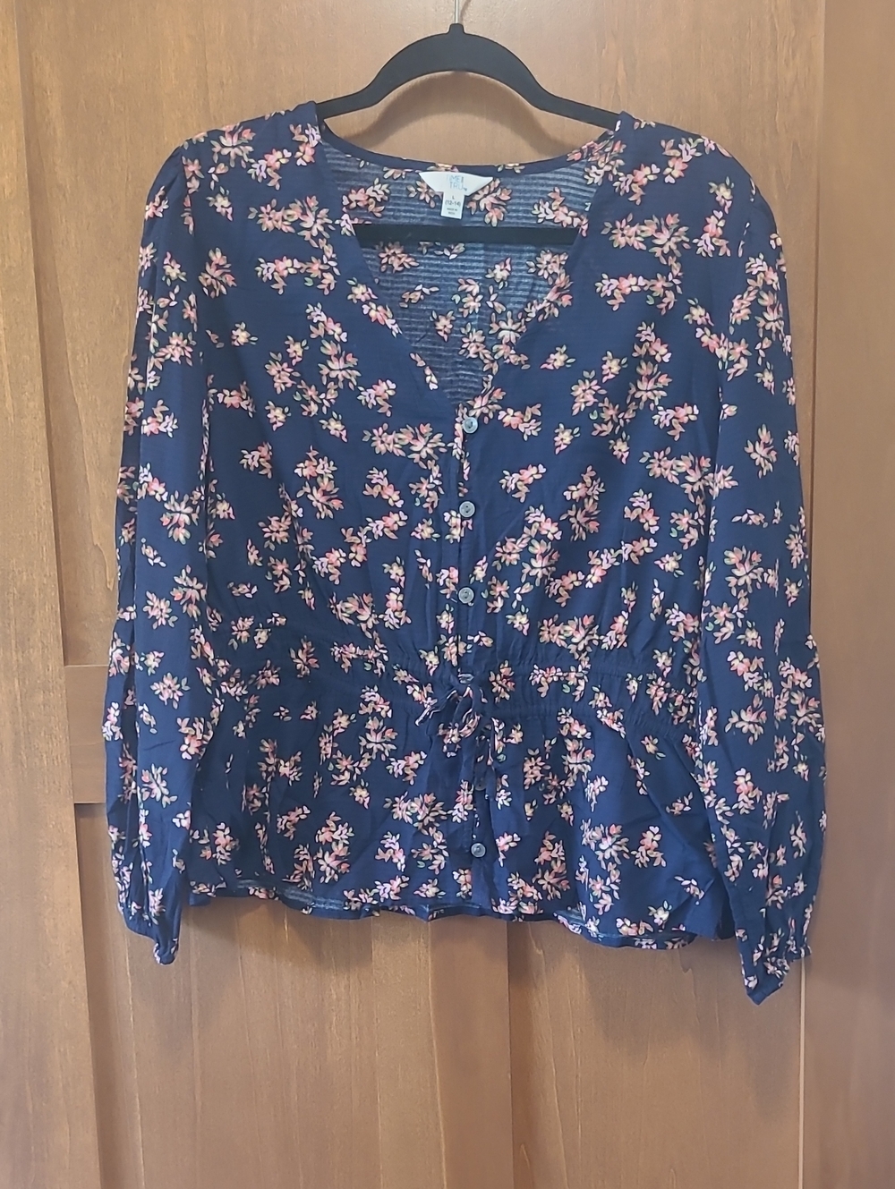 Time and Tru Navy Floral Button-Front Tie Waist Blouse, Sz L